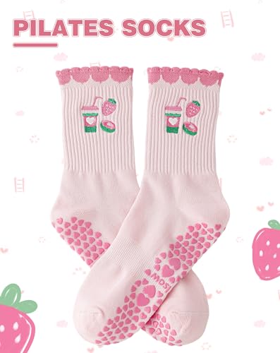 Image of Yawlsow Pilates Grip Socks for Women Yoga Grippy Socks Cute Barre Non Skid Athletic Crew Sticky Sock Workout Hospital