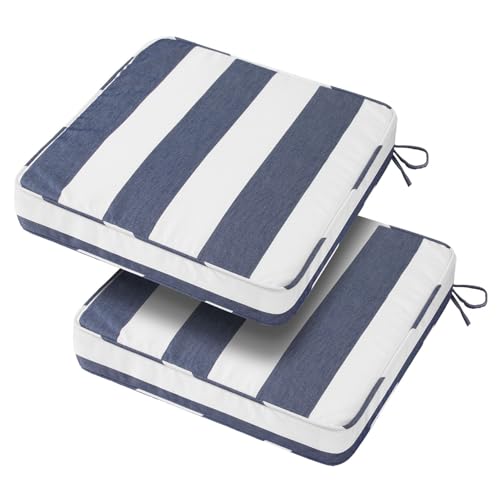 BLSTISCEN 18x18x3 Inch Outdoor Square Corner Chair Cushions with Ties Set of 2, Water&Fade Resistant Thick Seat Cushion Pads for Garden Patio Dining Porch Furniture - Navy White Striped by BLSTISCEN - Used condition - US$32.17
