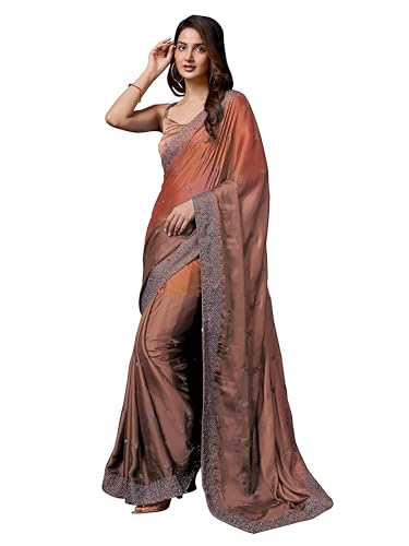 Image of TRENDMALLS Women's Rangoli Silk Embroidery Siroski Work Double Shade Saree with Blouse Piece