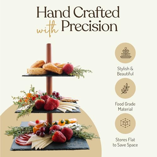 Tiered Tray Stand Space-Saving Modern and Rustic 3 Tier Serving Tray w/Slate & Acacia Wood multipurose Tiered Tray Hosting Essentials Tiered Serving Tray Relish Tray - Image 6