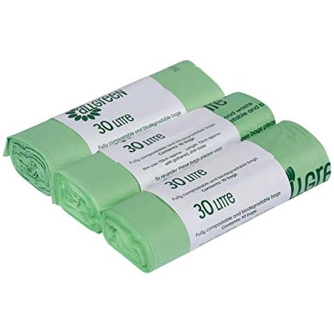 30 Litre x 30 All-Green Compostable Bags Kitchen Kerbside Caddy Liner - Food Waste Bin Liners - EN 13432-30L Bags with Composting Guide Cover