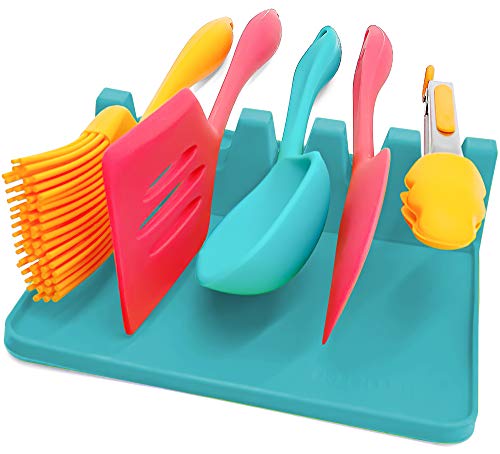 Large 5 Slots Silicone Spoon Rest for Kitchen Silicone Utensil Rest with Drip Pad 7x7x2in more Slots 5 vs 4 than Competition Spoon Holder for Stove Top BBQ Utensil Holder Aqua by Hatrigo