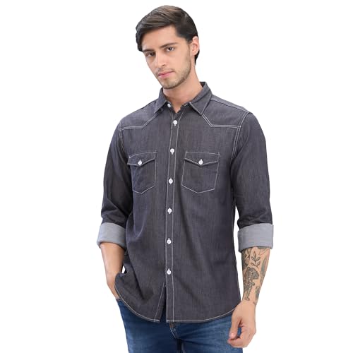 nick&jess Camisas de algodón 100 % ajustado para hombre, color gris negruzco, con 2 bolsillos con solapa y canesú frontal, Hilo blanco, XL