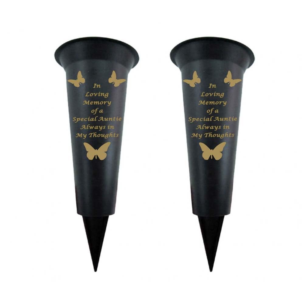 Memorial Grave Vases Ornaments Black Plastic Flower Holders - Butterfly Spike Grave Flower Vases with Funeral Verses for Your Loved Ones - Pack of 2 (Auntie - Pack of 2)