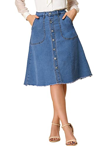 Allegra K Women's Denim Skirts Raw Hem Button Down Midi Jeans Skirt