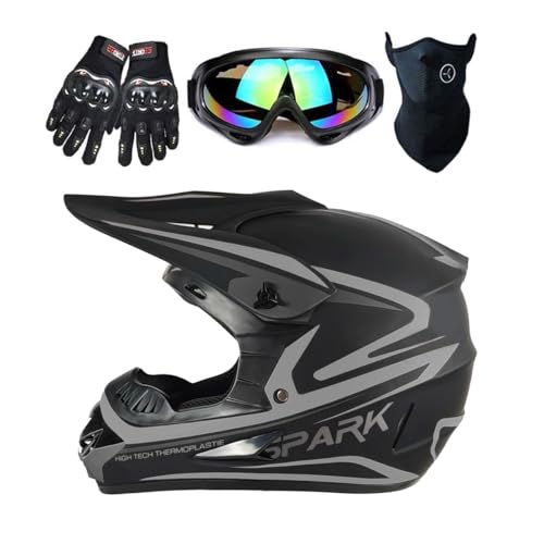 TTMiku Youth Kids Dirt Bike Helmet, Motocross Off Road Motorcycle ATV UTV Street Bike Casque Casco Combo Gloves Goggles Mask (DOT Approved), Gray, XL