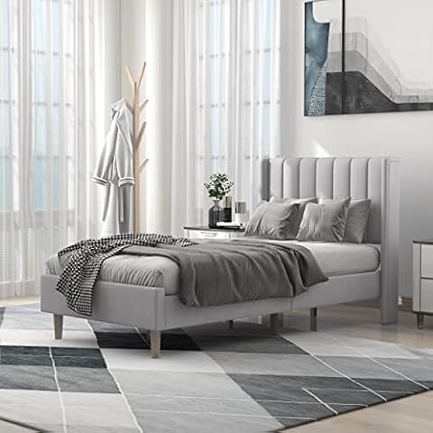 Beautiplove Upholstered Platform Bed Frame Twin Size with Headboard, Steel Slat Support Mattress Foundation, No Box Spring Required Easy Assembly, Light Grey Cover