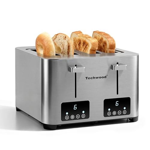 Toaster 4 Slice, Techwood Stainless Steel 4-Slice Toaster Wide Solt with LED Display & 6 Shade Settings, Perfect for Bagels, Waffles and More, Cancel/Defrost Functions & Removable Crumb Trays, 1500W
