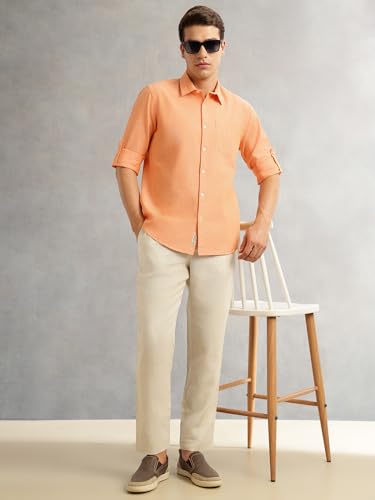 Image of Thomas Scott Men's | Solid | Premium Linen Blend | Spread Collar | Summer Wear | Long Sleeve | Shirts for Men