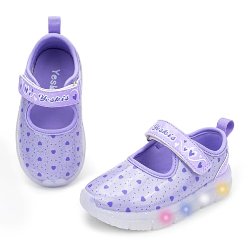 YESKIS Toddler Girls Light Up Dress Shoes Kids Mary Jane Ballet Flats Led Flashing Non-Slip Party School Shoe for Little Kid Purple 12