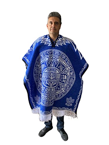 ROYAL BLUE MEXICAN CALENDARIO AZTECA PONCHO , CALENDARIO , PONCHO , UNISEX , REVERSIBLE , MEXICO , MADE IN MEXICO , GABAN , SERAPE , TRADITIONAL PONCHO , AZTEC , THICK PONCHO3
