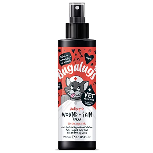 BUGALUGS Cat Wound & Skin Antiseptic spray 200ml - Antibacterial Antiviral Antifungal spray for itchy cat skin relief - Hypochlorous acid essential first aid kit for Cats and Pets