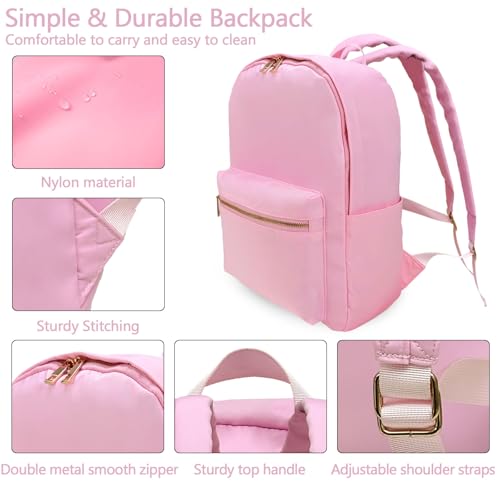 Nylon Backpack for Kids Teen Girls Boys, Waterproof Plain Bookbag Preppy School Bag Lightweight Travel Backpacks with Gold Zipper 15", Pink4