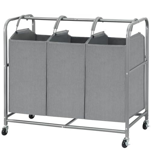 STO STO Laundry Sorter 3 Section with Lockable Wheels, 135L Rolling Clothes Hamper 3 Compartment...