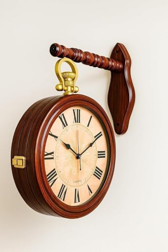 Image of Double-Sided Wall Clock | 12 Inch Roman Numeral Hanging Station Clock with Wooden Bracket | Antique Home & Cafe Decor (Brass)