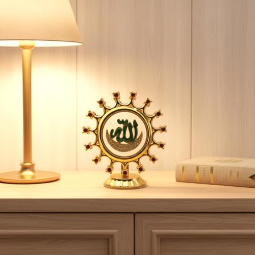 Image of Allah Calligraphy Idol Metal Gold Plated for Home, Prayer, Islamic Elegant Showpiece in Crystal Stones & Sunburst Design for Office, Car Dashboard & Gifts