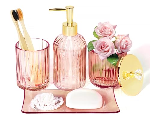 Consejos para Comprar Accesorios de baño infantiles . 45 Juego de accesorios de baño de vidrio rosa de diseño, 4 piezas con dispensador de jabón de loción, soporte para cepillo para polvo de dientes de baño, bandeja de cambiador y...