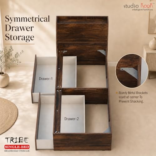 Image of Studio Kook Tribe Left Single Bed with Headboard Storage & 2 Drawers | Engineered Wood Bed | Fits 78 x 36 inch Mattress | Junglewood | Mattress Not Included