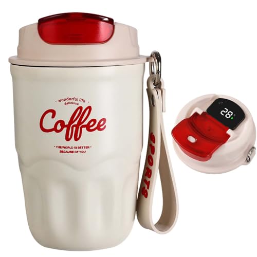 Coffee Vacuum Flask, Portable Coffee Cup with Lid & Handle, Stainless Steel Insulated Water Bottle, Travel Coffee Mug for Hot and Cold Drinks (White, Temperature Display)