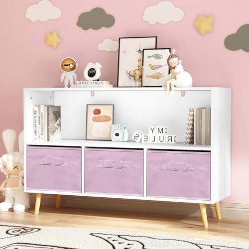 EASTALOLO Toy Storage Organizer, Children's Book Display, Kids Toy Chest Bookcase for Boys, Toddlers, Baby Toy Box with Bookshelf for Living Room, Nursery, Playroom, Children's Room (White/Pink)