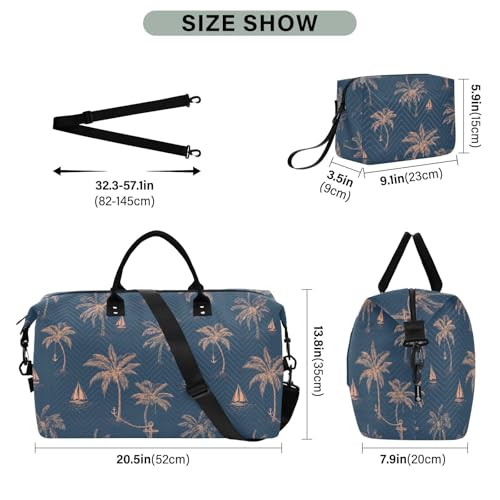 Sailboat Palm Tree Blue Large Travel Duffle Bag Weekender Overnight Bags Gym Yoga Bag for Women Men with Toiletry Bag3