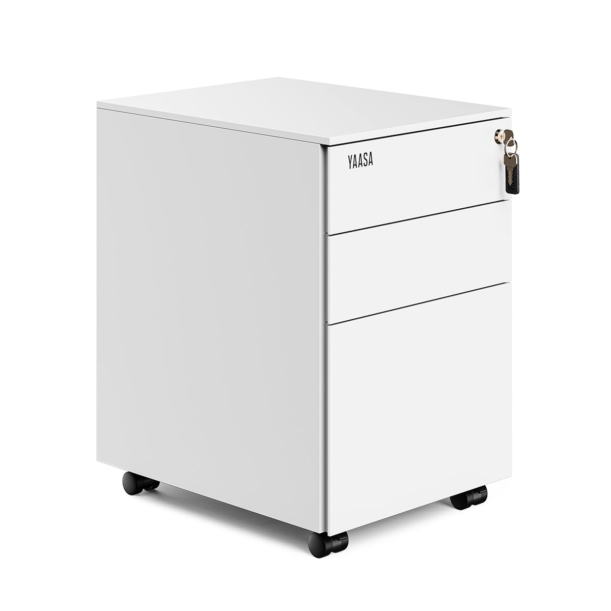 Yaasa File Cabinet Meuble de bureau à roulettes en acier avec 3 tiroirs verrouillables (blanc, standard)