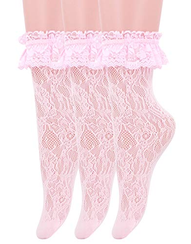 SEMOHOLLI Women Ankle Socks,Women Lace Ruffle Frilly Ankle Socks Fashion Ladies Girl Princess Socks (3 Pairs-pink)