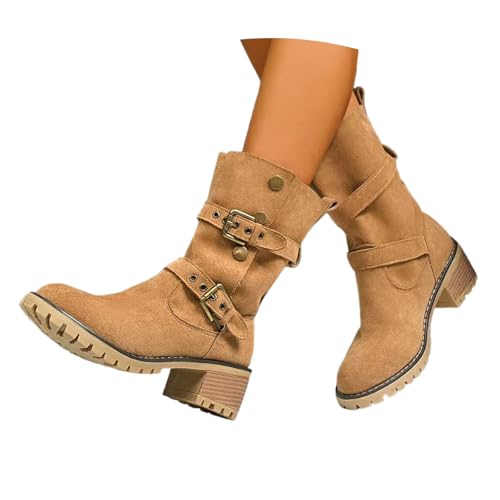 Generisch Botines con hebillas para mujer, con botas de invierno, de ante, vaquero, botas de equitación, invierno cálido, tacón de bloque, botines para otoño, botas de entretiempo, O Marrón, 37 EU