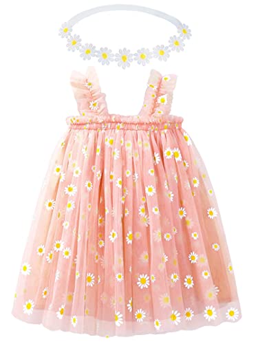 BGFKS Baby Girls Toddler Daisy Tutu Dress,Princess Party Dress with Soft Daisy Flower Headband.(Peach Pink,12 Months)