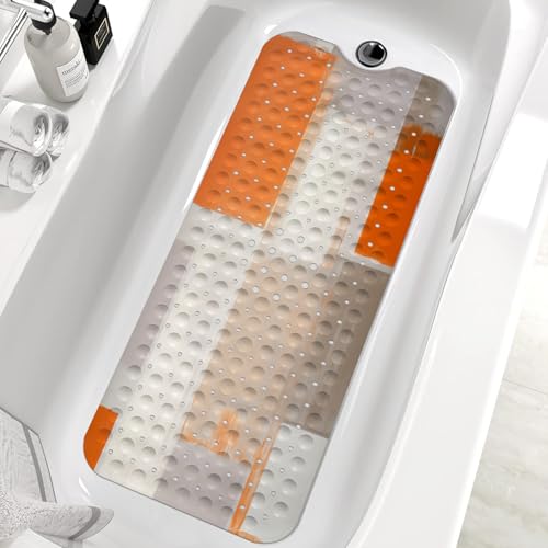 KINUUIS Bath Tub Mat Non Slip, Abstract Non Slip Bath Mat for Shower, Large Washable Shower mats for Showers with Drain Holes and Suction Cups,40 X 16 Inch (Orange Grey Abstract)