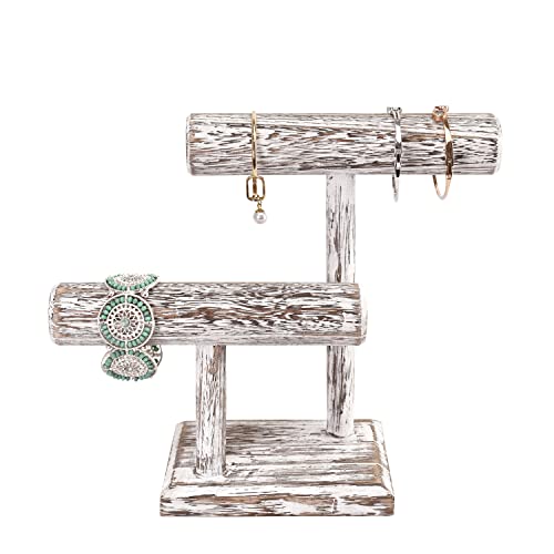 Ikee Design 2 Tier Wooden Jewelry Bracelet Watch Display Tower, Bangle Scrunchie Necklace Holder Storage Stand, 7.9" W X 4.3" D X 9.4" H, Antique White Color #TOP2