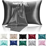 Fundas de almohada de satén sedosas supersuaves para cabello y piel, paquete de 2 unidades, modernas, rectangulares, transpirables con cierre de solapa (gris oscuro, 40 x 80 cm, 2 unidades)