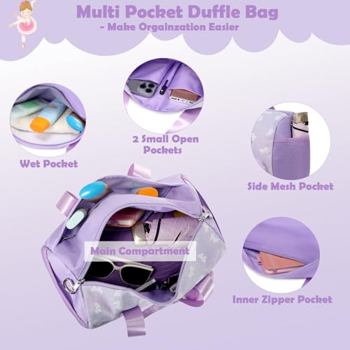 Dance Bag for Little Girls, Purple Soft Plush with Plush Pendant Ballet Gymnastics Sport Overnight Travel Sleepover Bags with Wet and Dry for Girls3