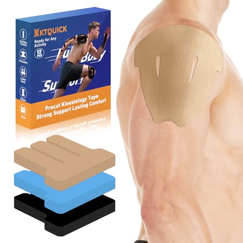 Kinesiology Tape for Shoulder, Upgraded 12PCS Precut Shoulder Tape for Pain Relief&Muscle Support, KTQUICK 5% Stronger Adhesive, Easy to Apply, Enhanced Elasticity,Waterproof&Breathable Cotton(Beige)