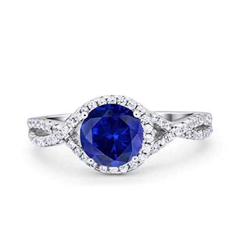 Blue Sapphire CZ Size-6 Round Shape Infinity Shank Twisted Halo Cluster Fashion Statement Engagement Ring Cubic Zirconia 925 Sterling Silver