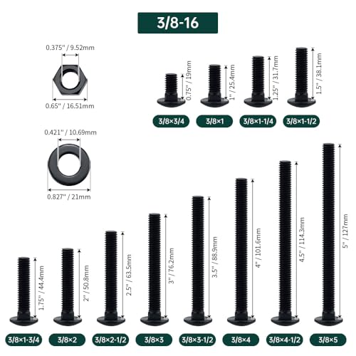 Image of 3 /8-16 x 3-1 /2 inch Black Carriage Bolts with Nuts and Washers Kits (8 Sets), 304 Stainless Steel 18 /8, Black Finish, Round Head, Square Neck, Heavy Duty Bolts, Indoor Outdoor Fastening Bolts, Fayeploo