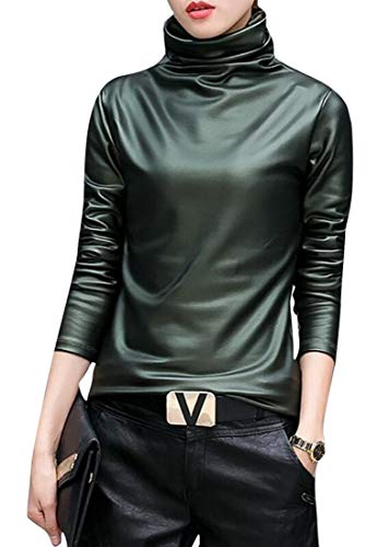 SELX-Women Faux Leather Turtleneck Tops Long Sleeve Blouse T-Shirt Green US XL