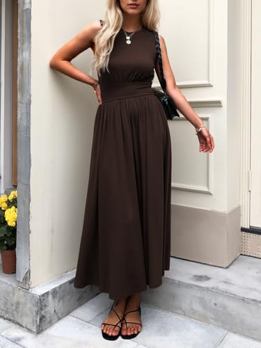 Women's Sleeveless Summer Maxi Dress Crewneck Casual Swing Pleated Long Dresses with Pockets4