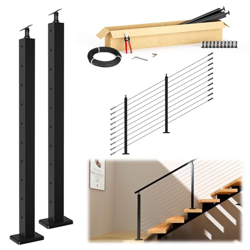 Muzata 5-10FT Modular Black Cable Railing Kit 36 Inch 2 Stair Post Kit Complete Set Cable Railing System for Stairs Length Adjustable Easy DIY with Paper User Guide (No Handrail) RWS1 BA4S