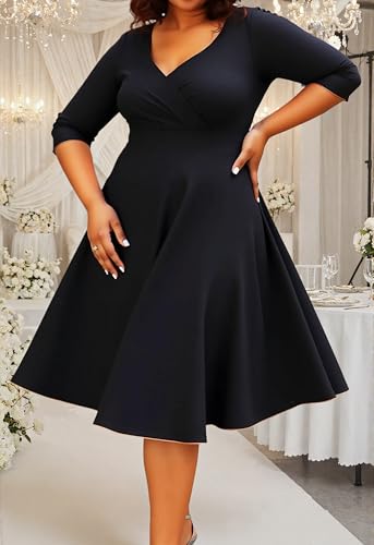 Image of Womens Plus Size Dresses Faux Wrap Summer Dress 3 /4 Sleeves V Neck 1950s Retro Vintage Wedding Party Midi Dress