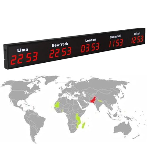 OWOHYG Grande Orologio Mondiale Digitale a LED, Orologio Mondiale con Fuso orario 3/4/5 Montato a Parete, Hotel, multinazionale, rosso-5città, Rosso,5città