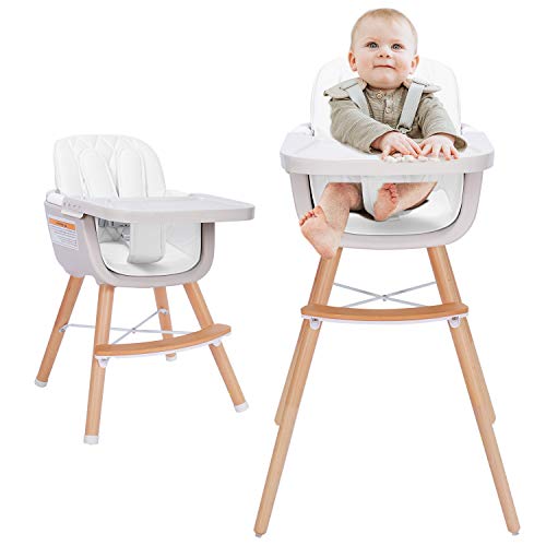 Image of 3-in-1 Convertible Wooden High Chair,Baby High Chair with Adjustable Legs & Dishwasher Safe Tray, Made of Sleek Hardwood & Premium Leatherette, White