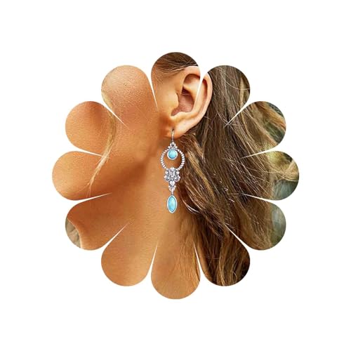Allereya Vintage Teardrop Türkis Kreis Ohrringe Tribal Totem Tropfen Ohrringe Türkis Baumeln Ohrringe Silber Kreisförmigen Reifen Haken Ohrringe Schmuck Für Frauen Und Mädchen
