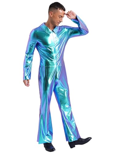Mens Shiny Metallic Disco Party Jumpsuit Full Body Bodysuit Flare Pants Bell-bottoms Hippie Rompers4