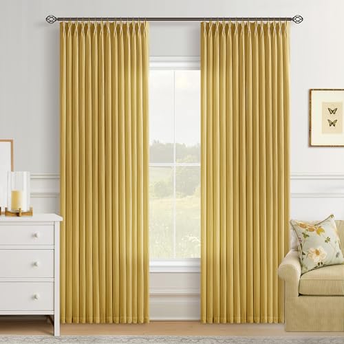 Image of Mustard Yellow Pinch Pleated Semi Sheer Linen Curtains 84 Inch for Bedroom