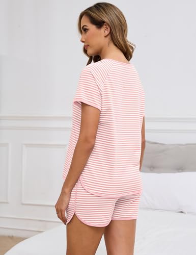 Cotton Pajama Sets for Women 2 Piece Lounge Set Stripe Pj Set Loungewear Short Sleeve Top and Shorts with Pockets3