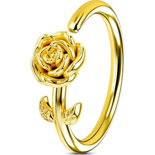 OUFER Nose Rings Flower Rose Seamless Open Nose Rings Hoops 20G, Stainless Steel Floral Nose Helix Daith Rook Tragus Piercing Jewelry for Women Men Gold 20g 8mm