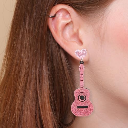 Pink Glitter Guitar Earrings – Lightweight Sparkly Statement Jewelry for Women, Music-Themed Accessories, Concerts, Parties, Gifts, Rodeo Outfits2