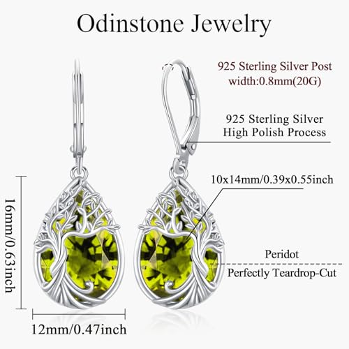Odinstone Tree of Life Dangle Drop Earrings 925 Sterling Silver Dainty Teardrop Gemstone Birthstone Earring Hypoallergenic Jewelry Birthday Gifts for Women/Mother/Mom/Her2