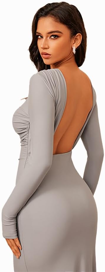 Womens Long Sleeves Backless Maxi Dress Side Split Bodycon Evening Party Formal Dress - Image 4